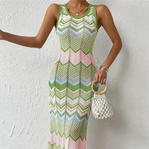 Chevron Pattern Pointelle Knit Sweater Dress